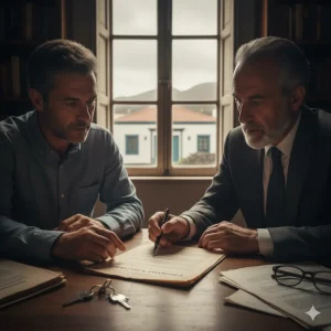 Abogado inmobiliario en Canarias y cliente revisando un contrato de alquiler de temporada o habitación excluido de la LAU sobre una mesa con llaves.