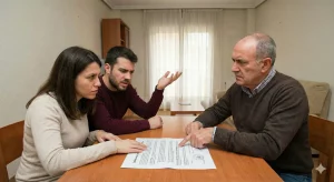 Una pareja de inquilinos y un casero mayor discuten tensamente sobre un contrato de alquiler en una mesa de madera. El casero señala una cláusula en el documento mientras la mujer le mira fijamente y el hombre gesticula.