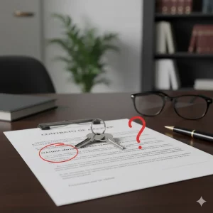 Llaves de casa sobre un contrato de alquiler con una cláusula marcada en un círculo rojo y un signo de interrogación, simbolizando dudas legales.