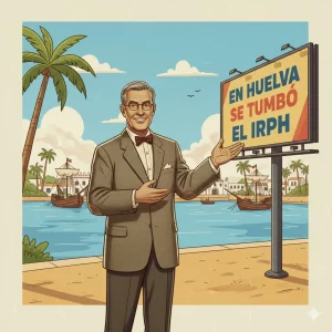 Ilustración estilo retro de un profesor presentando una valla publicitaria en Huelva con el texto 'EN HUELVA SE TUMBÓ EL IRPH', y el Muelle de las Carabelas al fondo.
