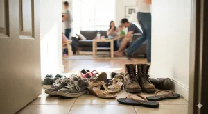 Entrada de un piso de alquiler en Gran Canaria con múltiples zapatos en el suelo, indicando un posible subarriendo ilegal o inquilinos no autorizados en la vivienda.