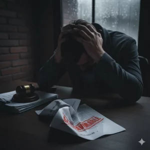 Hombre desesperado con una sentencia hipotecaria desfavorable para el consumidor.