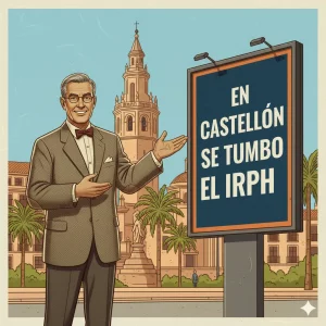 Ilustración retro profesor presentando cartel EN CASTELLÓN SE TUMBÓ EL IRPH con El Fadrí de fondo.