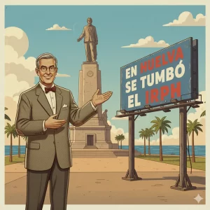Ilustración estilo retro de un profesor en Huelva señalando un cartel que dice "En Huelva se tumbó el IRPH", celebrando la sentencia contra Caixabank.