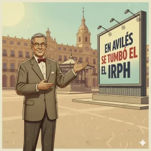 Ilustración retro del Ayuntamiento de Avilés con un profesor presentando un cartel que dice: En Avilés se tumbó el IRPH.