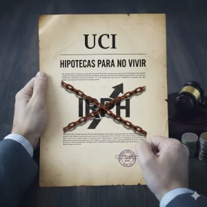 Sentencia con el logotipo UCI, el texto 'Hipotecas para no vivir' y una representación gráfica del IRPH con cadenas que lo anulan, simbolizando la lucha contra las hipotecas abusivas.