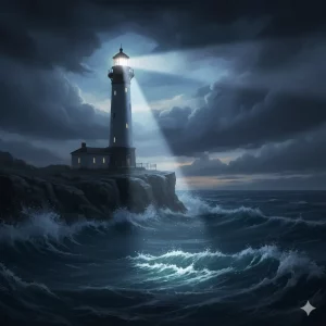 Faro iluminando una tormenta, simbolizando la jurisprudencia del TJUE como guía para afectados por cláusulas IRPH abusivas.