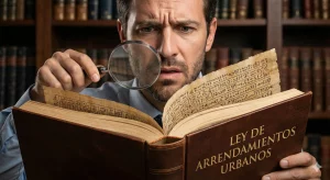 Hombre frustrado usando una lupa para intentar leer el libro de la Ley de Arrendamientos Urbanos (LAU), cuyas páginas parecen jeroglíficos incomprensibles.