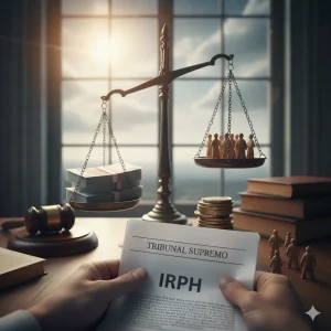 Balanza de la justicia desequilibrada a favor de los billetes y en contra de figuras de personas, mientras alguien lee un documento del Tribunal Supremo sobre IRPH.