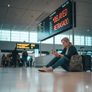 Pasajero frustrado sentado en el aeropuerto mirando su móvil frente a un panel de vuelos que indica retraso, buscando cómo reclamar una indemnización aérea.
