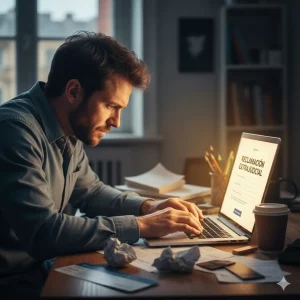 Persona frustrada frente al ordenador encuentra la plantilla de email para reclamar un vuelo cancelado.