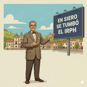 Profesor estilo vintage presenta cartel En Siero Se Tumbó El IRPH en la Plaza de la Iglesia de Pola de Siero Asturias.