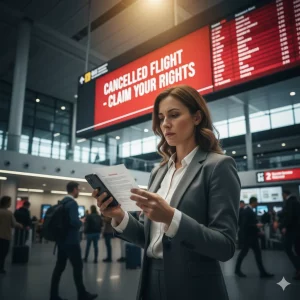Viajero afectado por un vuelo cancelado o retrasado revisando sus derechos de reclamación en el aeropuerto.