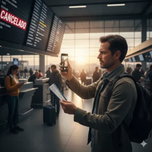 Pasajero en el aeropuerto haciendo una foto a un panel de "CANCELADO" como prueba para reclamar su vuelo.