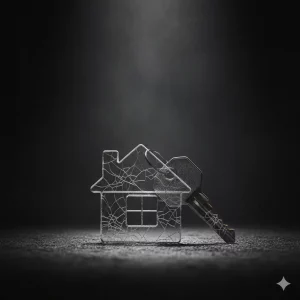 Llave de casa de cristal agrietada simbolizando los riesgos legales de un alquiler verbal o un precario.