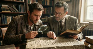 Ilustración de padre e hijo expertos inmobiliarios descifrando jeroglíficos con lupa, representando la traducción de la Ley de Arrendamientos Urbanos (LAU) a lenguaje sencillo.