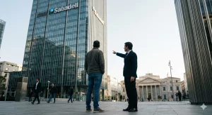 Un abogado especializado en derecho bancario guía a un cliente frente a un edificio corporativo de Banco Sabadell, señalando hacia un palacio de justicia, ilustrando la reclamación judicial de cláusulas abusivas como la comisión de apertura tras la Sentencia del Tribunal Supremo 965/2025.