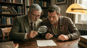 Dos abogados, un hombre mayor y uno joven en un despacho, examinan con una lupa un documento manuscrito arrugado sobre un escritorio, representando el análisis de pruebas para demostrar la validez de un contrato de alquiler verbal sin papeles según el artículo 37 de la LAU.