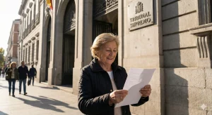 Mujer mayor sonriendo al leer una sentencia favorable frente a la fachada del Tribunal Supremo en Madrid.