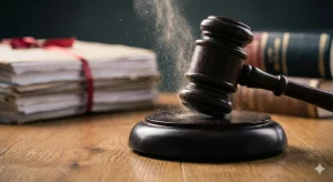 Mazo de juez golpeando con fuerza un estrado, ilustrando la amenaza del Tribunal Supremo de condenar en costas por abuso de proceso en los casos de IRPH.