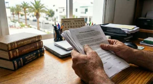 Primer plano de manos revisando un documento de Contrato de Arrendamiento en un despacho, junto a libros jurídicos como la Ley de Arrendamientos Urbanos y el Código Civil, con vistas a Canarias de fondo.