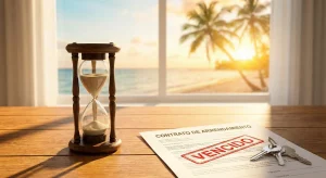 Fotografía de un reloj de arena marcando el fin del tiempo junto a un contrato de arrendamiento con un sello rojo de "VENCIDO" y unas llaves sobre una mesa, con una playa de Canarias al atardecer de fondo. Representa el desahucio por expiración del plazo pactado.