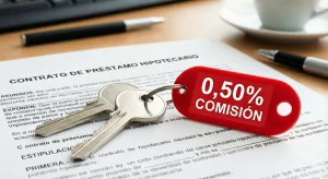 Llaves de una casa sobre un contrato de préstamo hipotecario en español con un llavero rojo que indica 0,50% de comisión.
