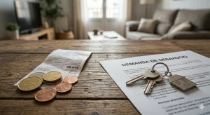 Primer plano de unas llaves de casa y monedas de euro sobre una mesa de madera, junto a un recibo de 69,04€ y un documento judicial titulado 'Demanda de Desahucio', ilustrando la desproporción del caso.
