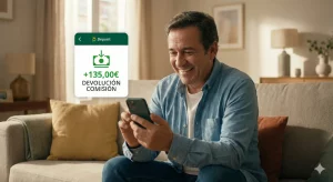 Hombre de mediana edad sonriendo mientras mira en su teléfono móvil una notificación bancaria que confirma la devolución de 135 euros por una comisión de apertura anulada.