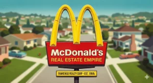 Ilustración retro de un cartel de McDonald's modificado que dice "Real Estate Empire", simbolizando la estrategia de negocio basada en el alquiler de locales.
