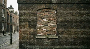Fotografía documental de una antigua fachada de ladrillo georgiana en Londres, mostrando una ventana tapiada con ladrillos desgastados y desiguales.
