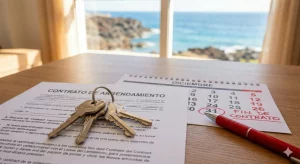Primer plano de unas llaves sobre un documento de "Contrato de Arrendamiento" y un calendario con la fecha del 31 de diciembre marcada como "Fin de Contrato", con vistas a la costa de Canarias de fondo.