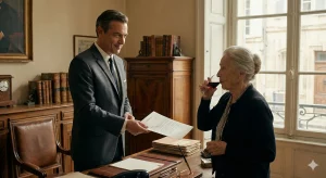 Recreación artística de la firma del contrato de renta vitalicia y venta de nuda propiedad entre el notario André-François Raffray y la anciana Jeanne Calment en 1965.