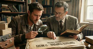 Dos abogados de Roda Abogados examinan con lupa un contrato de alquiler antiguo donde se lee "Contrato Temporal - 11 meses" sobre el texto "Vivienda Habitual", investigando un posible fraude de ley en Canarias.