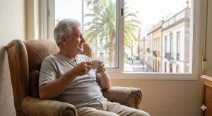 Hombre mayor, inquilino de renta antigua en Canarias, sonríe aliviado en su sillón tras conocer la sentencia favorable del Tribunal Supremo que impide su desahucio.