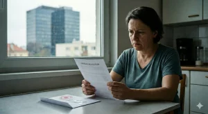 Inquilina de mediana edad con gesto de preocupación sentada en una mesa mirando fijamente su contrato de alquiler, junto a un sobre con una notificación de desahucio.
