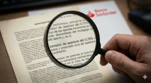 Primer plano con lupa examinando la cláusula abusiva de "Comisión de apertura del 0,75%" en una escritura hipotecaria de Banco Santander.