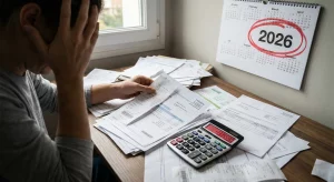 Propietario calculando el perjuicio económico y reuniendo facturas para solicitar la compensación por la suspensión del desahucio hasta finales de 2026.