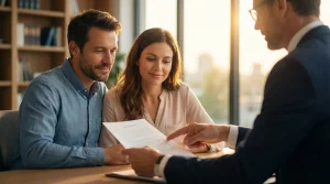 Abogado especialista en derecho bancario explicando a una pareja de clientes la sentencia favorable de la Audiencia Provincial de Sevilla contra ING para la devolución de gastos hipotecarios.