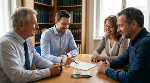 Dos abogados en un despacho familiar entregando dinero en efectivo recuperado de los gastos de hipoteca a una pareja de clientes satisfechos tras una sentencia favorable.