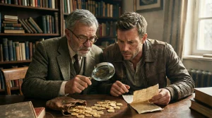 Dos abogados en un despacho tradicional examinan con una lupa un montón de monedas de oro y un documento antiguo sobre una mesa de madera, simbolizando la revisión exhaustiva de la fianza de alquiler y las obligaciones legales en Canarias.