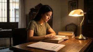 Estudiante universitaria leyendo en un piso de renta antigua con un contrato de alquiler sobre la mesa, ilustrando la falta de ocupación habitual del inquilino titular.
