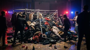 Estructura metálica de guardarropa colapsada sobre abrigos en una fiesta de Nochevieja, ilustrando un accidente por falta de seguridad y responsabilidad civil en eventos.