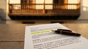 Primer plano de un contrato de alquiler legal con la cláusula "DURACIÓN: SIETE AÑOS" resaltada en amarillo brillante. Una pluma estilográfica descansa sobre el documento en una mesa de madera. Al fondo, desenfocado, se ve un balcón tradicional canario. Imagen ilustrativa sobre la sentencia que diferencia prórroga de nuevo contrato.