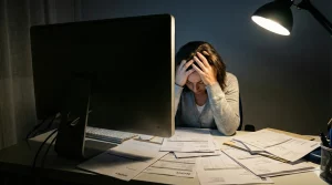 Empresaria autónoma muy estresada con las manos en la cabeza, sentada en un escritorio lleno de facturas y papeleo financiero por la noche, vista desde detrás del monitor del ordenador.