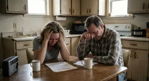 Pareja de mediana edad llorando con gestos de desesperación en una cocina humilde, sentados frente a una sentencia judicial sobre su hipoteca IRPH.