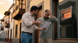 Propietario e inquilino discutiendo tensamente sobre un documento de fin de contrato de alquiler de renta antigua frente a un local comercial en una calle de Canarias con un cartel de se alquila.