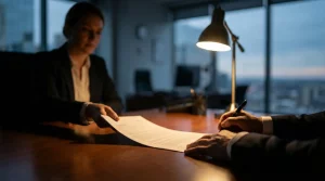 Primer plano de las manos de un cliente firmando un contrato de novación hipotecaria bajo la luz dramática de una lámpara en una oficina bancaria oscura, con un representante del banco en la sombra. Ilustra la firma bajo presión y la falta de transparencia de los acuerdos para eliminar la cláusula suelo.