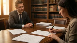 Una mujer firma un contrato privado de compraventa de VPO con sobreprecio ante la mirada de un abogado en un despacho jurídico.