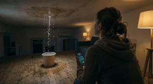 Mujer inquilina mirando una grave gotera en el techo que inunda el suelo y llamando por teléfono para reclamar la reparación urgente.